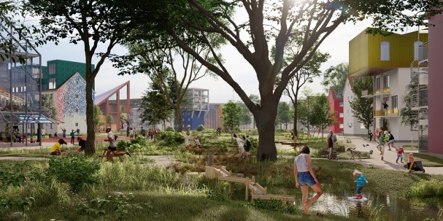 So könnte es in PHV künftig aussehen (Visualisierung: KCAP) Grünfläche mit Teich und Bäumen im Hintergrund Gebäude und Menschen