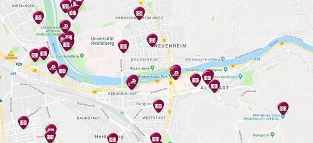 map with red marks, where swimming baths and sports fields are in Heidelberg (Foto: Stadt Heidelberg)