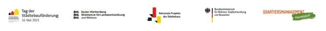 Logos: Tag der Städtebauförderung 2025, Land Baden-Württemberg Ministerium für Landesentwicklung und Wohnen, Nationale Projekte des Städtebaus, Bundesministerium für Wohnen, Stadtentwicklung, Bauwesen, Quartiersmanagement Hasenleiser