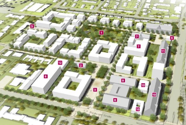 Übersichtsplan Hospital: (1) Park (2) ehemalige Kapelle (3) Urbanes Zentrum (4) Quartierseingang Karlsruher Straße (5) Quartierseingang Kolbenzeil (6) Parkhaus (7) Collegium Academicum (8) ehemaliges Theater (9) ehemalige Sporthalle (10) Montessori-Zentrum (11) Bestandsgebäude für Gewerbe (12) Erweiterung Lebenshilfe Heidelberg (Stadt Heidelberg) Übersichtsplan Hospital: (1) Park (2) ehemalige Kapelle (3) Urbanes Zentrum (4) Quartierseingang Karlsruher Straße (5) Quartierseingang Kolbenzeil (6) Parkhaus (7) Collegium Academicum (8) ehemaliges Theater (9) ehemalige Sporthalle (10) Montessori-Zentrum (11) Bestandsgebäude für Gewerbe (12) Erweiterung Lebenshilfe Heidelberg (Stadt Heidelberg)