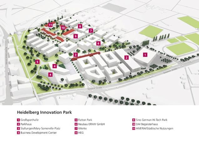 Übersichtsplan hip: (1) Großsporthalle (2) Parkhaus (3) Stallungen/ Mary-Somerville-Park (4) Business Development Center (5) Patton Park (6) Neubau ERNW GmbH (7) iWerkx (8) HEG (9) Sino German Hi-Tech Park (10) DAI Begeisterhaus (11) AMERIA/ Städtische Nutzungen Übersichtsplan hip: (1) Großsporthalle (2) Parkhaus (3) Stallungen/ Mary-Somerville-Park (4) Business Development Center (5) Patton Park (6) Neubau ERNW GmbH (7) iWerkx (8) HEG (9) Sino German Hi-Tech Park (10) DAI Begeisterhaus (11) AMERIA/ Städtische Nutzungen