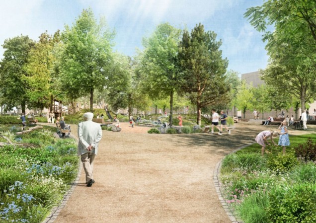 Die Visualisierung zeigt: Der neue Hospital-Park soll laut der Planung viele naturnah gestaltete Bereiche erhalten, die von Bäumen beschattet werden und zahlreiche Sitzgelegenheiten bieten. (Foto: Landschaftsarchitekturbüro Setup) Ein breiter Weg wird von mehreren Grünanlagen, Bäumen und Blumen gesäumt. Es gibt mehrere Sitzgelegenheiten und einen Spielbereich. Im Park befinden sich viele Besucherinnen und Besucher, darunter Kinder, Familien und zwei Jogger.