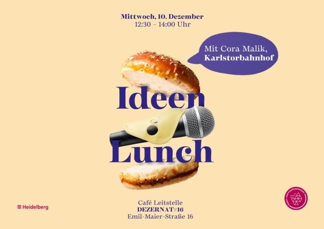 Beim finalen „IdeenLunch“ im Jahr 2025 spricht Cora Malik, Geschäftsführerin des Karlstorbahnhofs, über die Kraft von Partnerschaften. (Foto: Stadt Heidelberg) Zu sehen ist eine Grafik mit einem Burger, der mit einem Stück Käse und einem Mikrofon gefüllt ist. Er liegt auf einem gelben Hintergrund und von ihm geht eine lila Sprachblase aus.