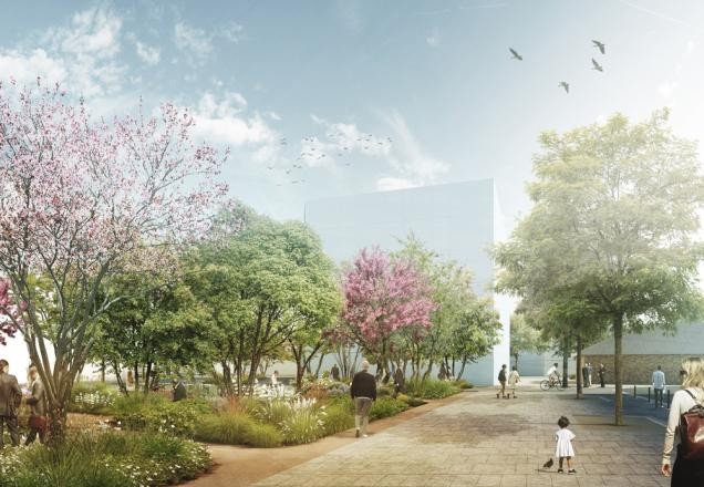 Die hip-Freianlagen ziehen sich wie ein Band von Nord nach Süd durch den westlichen hip und schaffen eine neue Verbindung für den Fuß- und Radverkehr. (Visualisierung:SINAI GESELLSCHAFT VON LANDSCHAFTSARCHITEKTEN MBH) Visualisierung