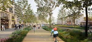 So könnte der Parkway künftig aussehen: Flaniermeile, Radweg, Straßenbahntrasse und Fahrbahn für PKW (Visualisierung: KCAP) So könnte der Parkway künftig aussehen: Flaniermeile, Radweg, Straßenbahntrasse und Fahrbahn für PKW